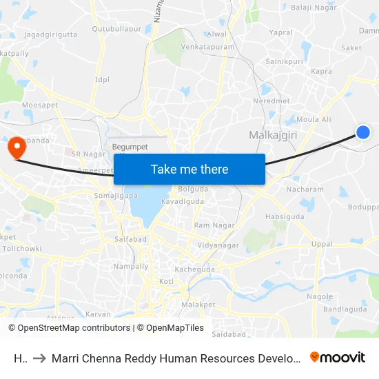 Hcl to Marri Chenna Reddy Human Resources Development Institute map