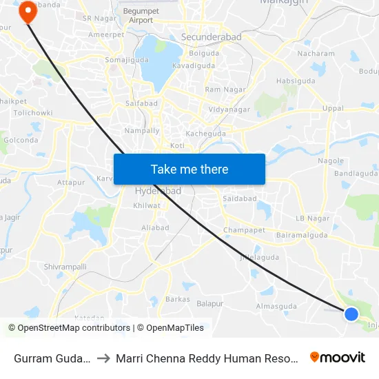 Gurram Guda Cross Road to Marri Chenna Reddy Human Resources Development Institute map