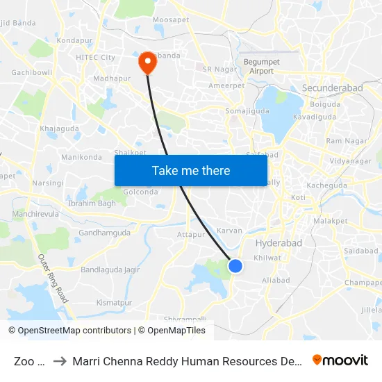 Zoo Park to Marri Chenna Reddy Human Resources Development Institute map