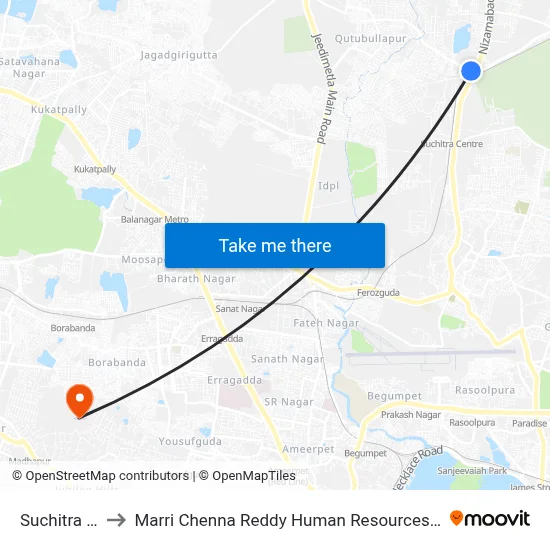 Suchitra X Road to Marri Chenna Reddy Human Resources Development Institute map