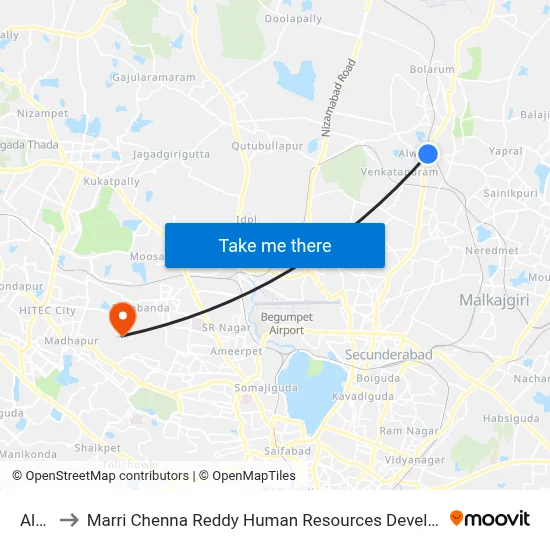 Alwal to Marri Chenna Reddy Human Resources Development Institute map