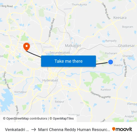 Venkatadri Township to Marri Chenna Reddy Human Resources Development Institute map