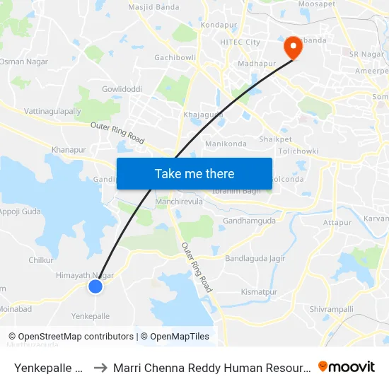Yenkepalle Cross Road to Marri Chenna Reddy Human Resources Development Institute map