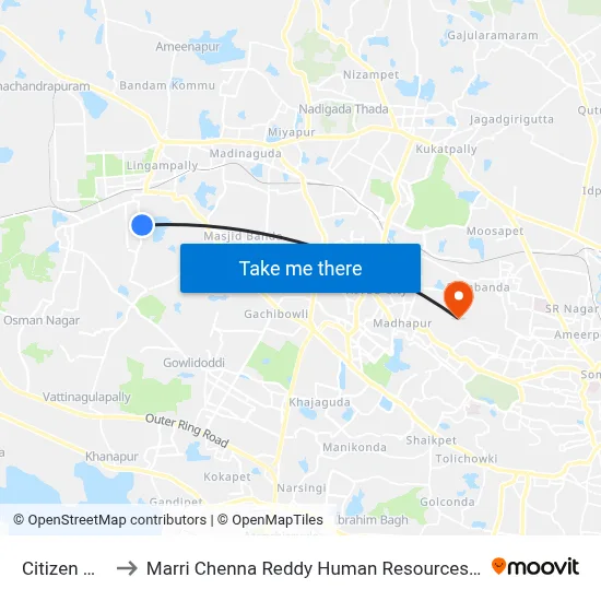 Citizen Hospital to Marri Chenna Reddy Human Resources Development Institute map