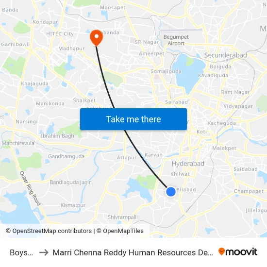 Boystown to Marri Chenna Reddy Human Resources Development Institute map