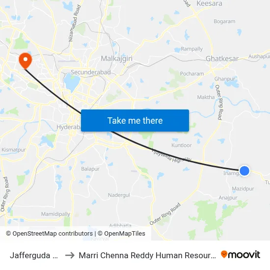 Jafferguda Cross Road to Marri Chenna Reddy Human Resources Development Institute map