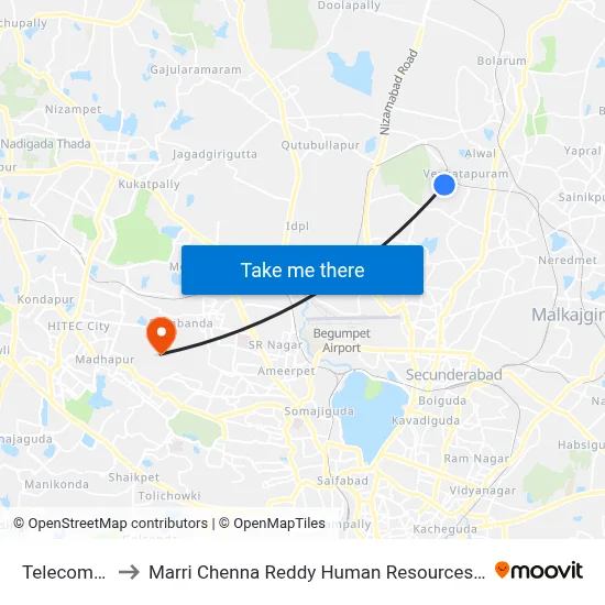 Telecom Colony to Marri Chenna Reddy Human Resources Development Institute map