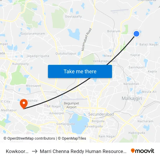 Kowkoor X Road to Marri Chenna Reddy Human Resources Development Institute map