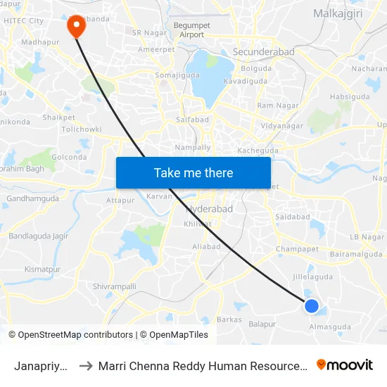 Janapriya Colony to Marri Chenna Reddy Human Resources Development Institute map