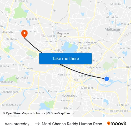 Venkatareddy Ramanthapur to Marri Chenna Reddy Human Resources Development Institute map