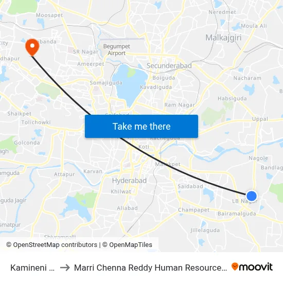 Kamineni Hospital to Marri Chenna Reddy Human Resources Development Institute map