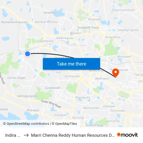 Indira Nagar to Marri Chenna Reddy Human Resources Development Institute map