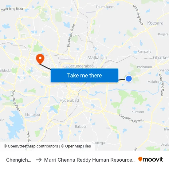 Chengicherla X Rd to Marri Chenna Reddy Human Resources Development Institute map