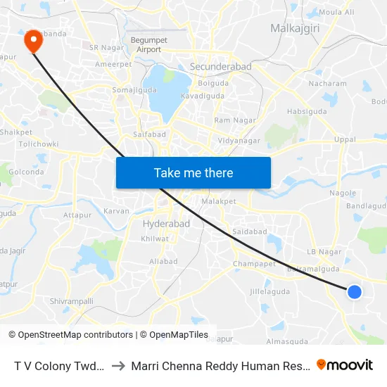 T V Colony Twd Ganesh Temple to Marri Chenna Reddy Human Resources Development Institute map