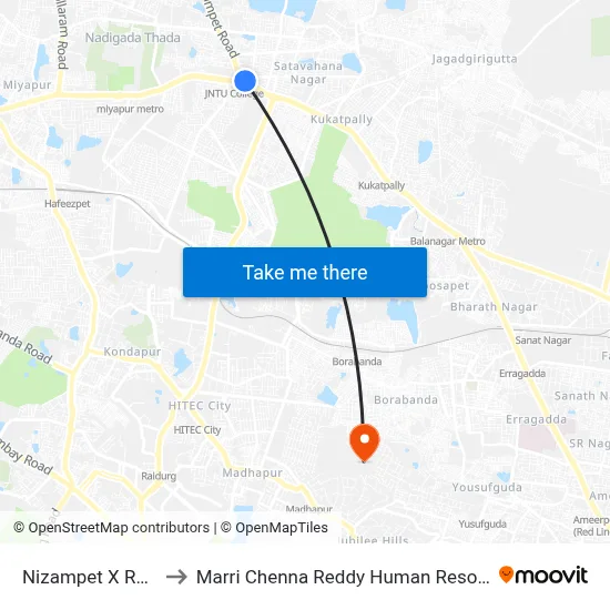 Nizampet X Road  Twd JNTU to Marri Chenna Reddy Human Resources Development Institute map