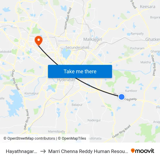 Hayathnagar Bus Station to Marri Chenna Reddy Human Resources Development Institute map