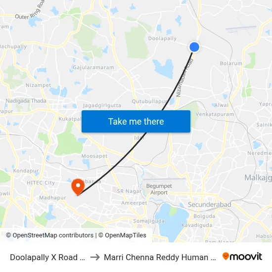 Doolapally X Road Twd Gandi Maisamma to Marri Chenna Reddy Human Resources Development Institute map