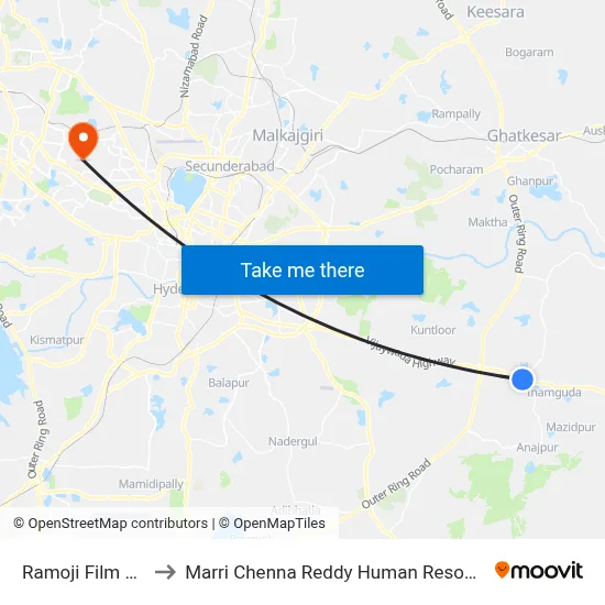 Ramoji Film City Twd JBS to Marri Chenna Reddy Human Resources Development Institute map