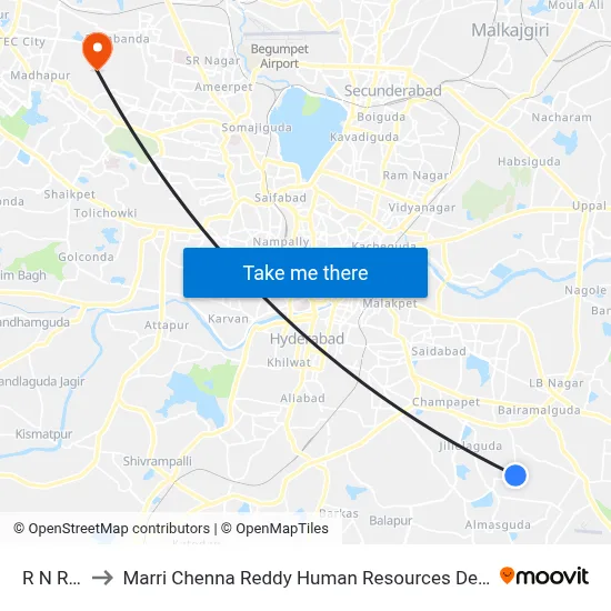 R N Reddy to Marri Chenna Reddy Human Resources Development Institute map