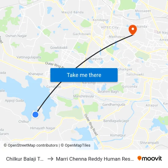 Chilkur Balaji Temple Bus Stop to Marri Chenna Reddy Human Resources Development Institute map