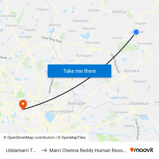 Uddamarri Twd Adraspally to Marri Chenna Reddy Human Resources Development Institute map