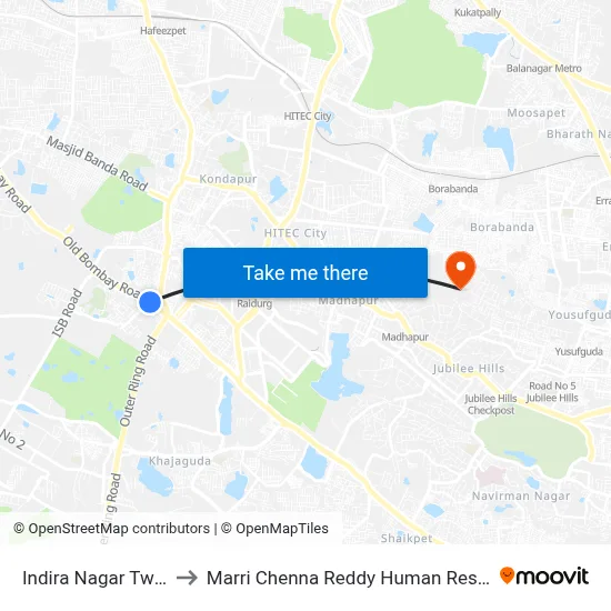 Indira Nagar Twd Mehdipatnam to Marri Chenna Reddy Human Resources Development Institute map