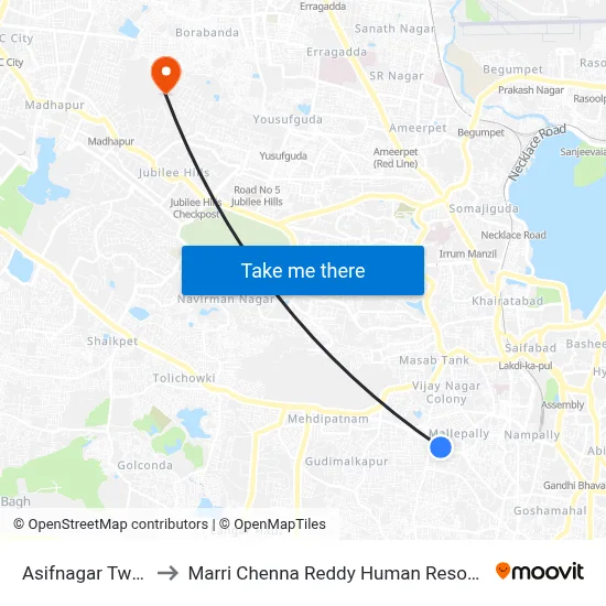 Asifnagar Twd Masabtank to Marri Chenna Reddy Human Resources Development Institute map