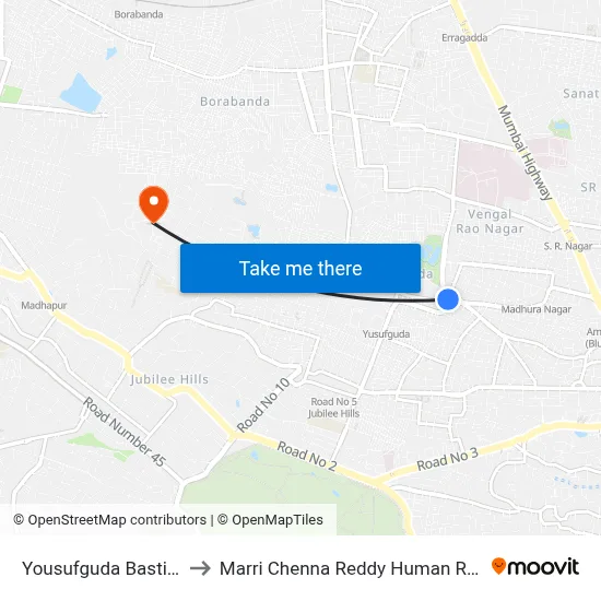 Yousufguda Basti  Twd Secunderabad to Marri Chenna Reddy Human Resources Development Institute map