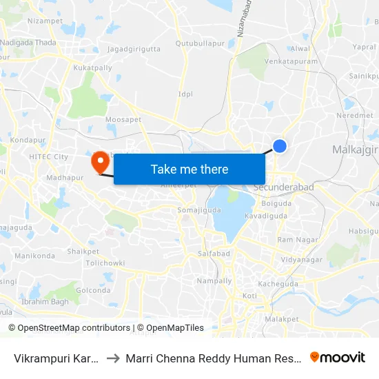 Vikrampuri Karkhana Twd JBS to Marri Chenna Reddy Human Resources Development Institute map