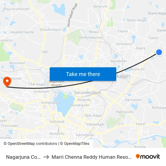 Nagarjuna Colony Twds_N to Marri Chenna Reddy Human Resources Development Institute map