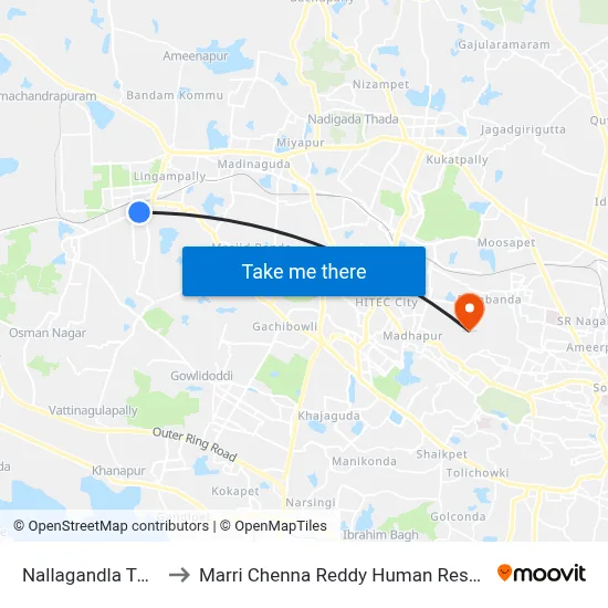 Nallagandla Twd Lingampally to Marri Chenna Reddy Human Resources Development Institute map