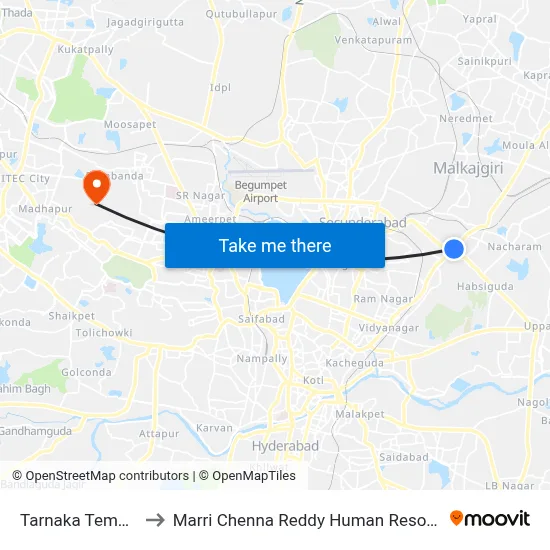 Tarnaka Temple Twd Mgbs to Marri Chenna Reddy Human Resources Development Institute map