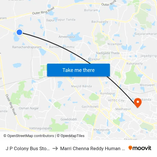 J P Colony Bus Stop Patancheru  Twd JBS to Marri Chenna Reddy Human Resources Development Institute map