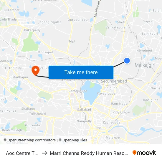 Aoc Centre Twd Safilguda to Marri Chenna Reddy Human Resources Development Institute map