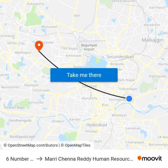6 Number Twd Koti to Marri Chenna Reddy Human Resources Development Institute map