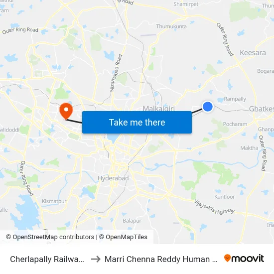 Cherlapally Railway Station Twd Mallapur to Marri Chenna Reddy Human Resources Development Institute map