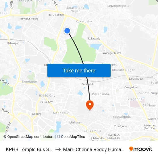 KPHB Temple Bus Stop Twd Remedy Hospital to Marri Chenna Reddy Human Resources Development Institute map