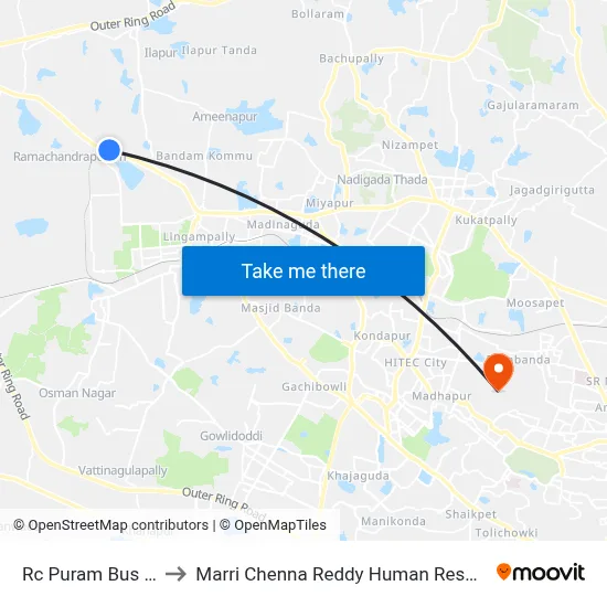 Rc Puram Bus Stop Twd Koti to Marri Chenna Reddy Human Resources Development Institute map