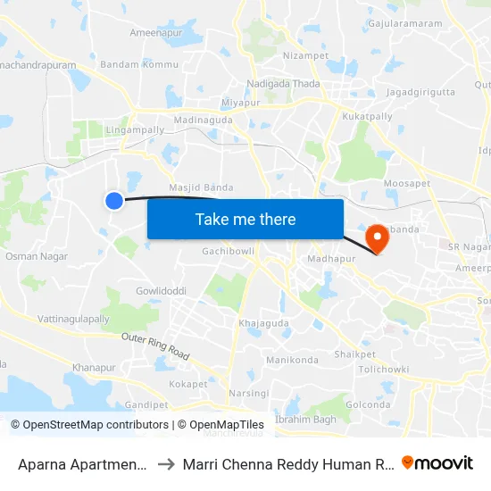 Aparna Apartments Twd Mehdipatnam to Marri Chenna Reddy Human Resources Development Institute map