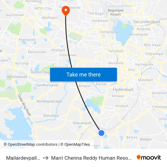 Mailardevpally Twd Uppal to Marri Chenna Reddy Human Resources Development Institute map