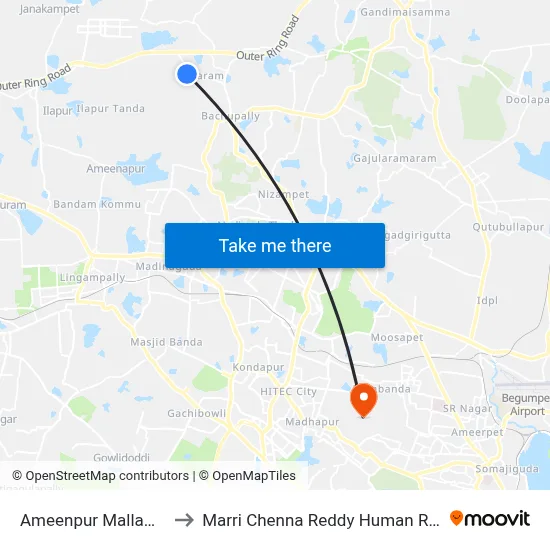 Ameenpur Mallampet Twd Bachupally to Marri Chenna Reddy Human Resources Development Institute map
