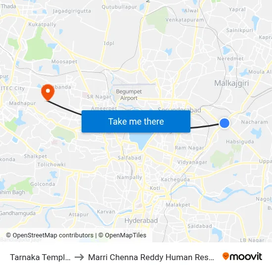 Tarnaka Temple Twd Lalapet to Marri Chenna Reddy Human Resources Development Institute map