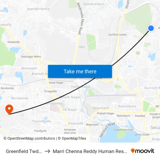 Greenfield Twd Secunderabad to Marri Chenna Reddy Human Resources Development Institute map