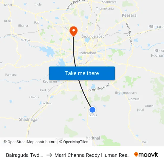 Bairaguda Twd Gummadavelly to Marri Chenna Reddy Human Resources Development Institute map
