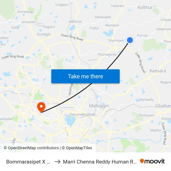 Bommarasipet X Road Twd Shamirpet to Marri Chenna Reddy Human Resources Development Institute map