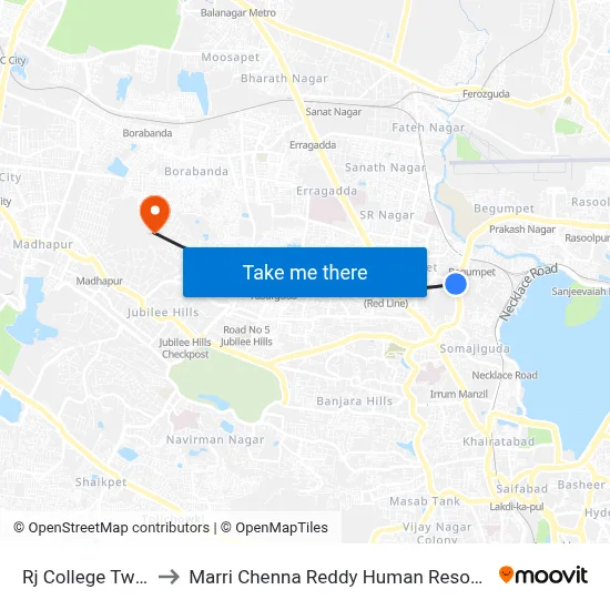 Rj College Twd Panjagutta to Marri Chenna Reddy Human Resources Development Institute map