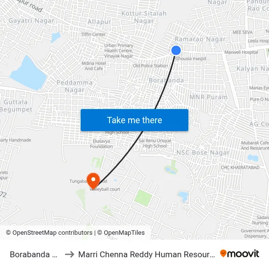 Borabanda Bus Station to Marri Chenna Reddy Human Resources Development Institute map