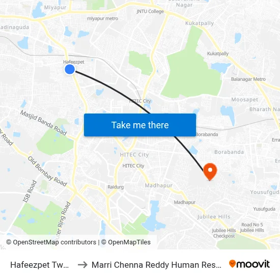 Hafeezpet Twd Allwin X Road to Marri Chenna Reddy Human Resources Development Institute map
