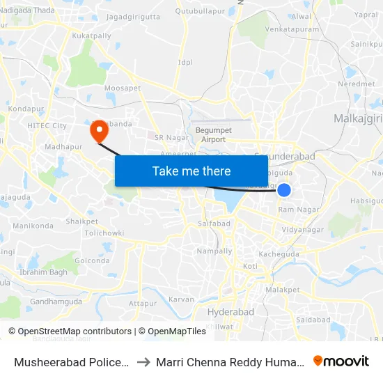 Musheerabad Police Station Twd Secunderabad to Marri Chenna Reddy Human Resources Development Institute map