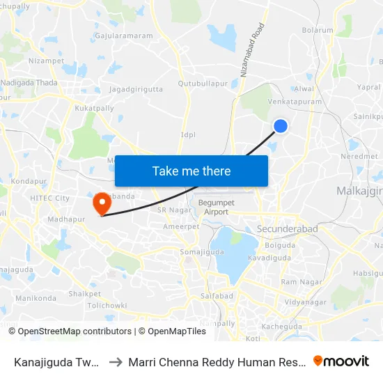 Kanajiguda Twd Secunderabad to Marri Chenna Reddy Human Resources Development Institute map
